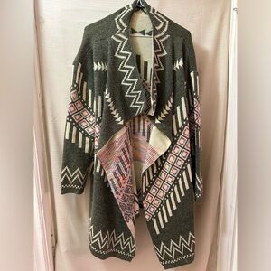 Aztec Tribal Waterfall Knit Cardigan – Wool Blend – Open Front – One Size/Flowy